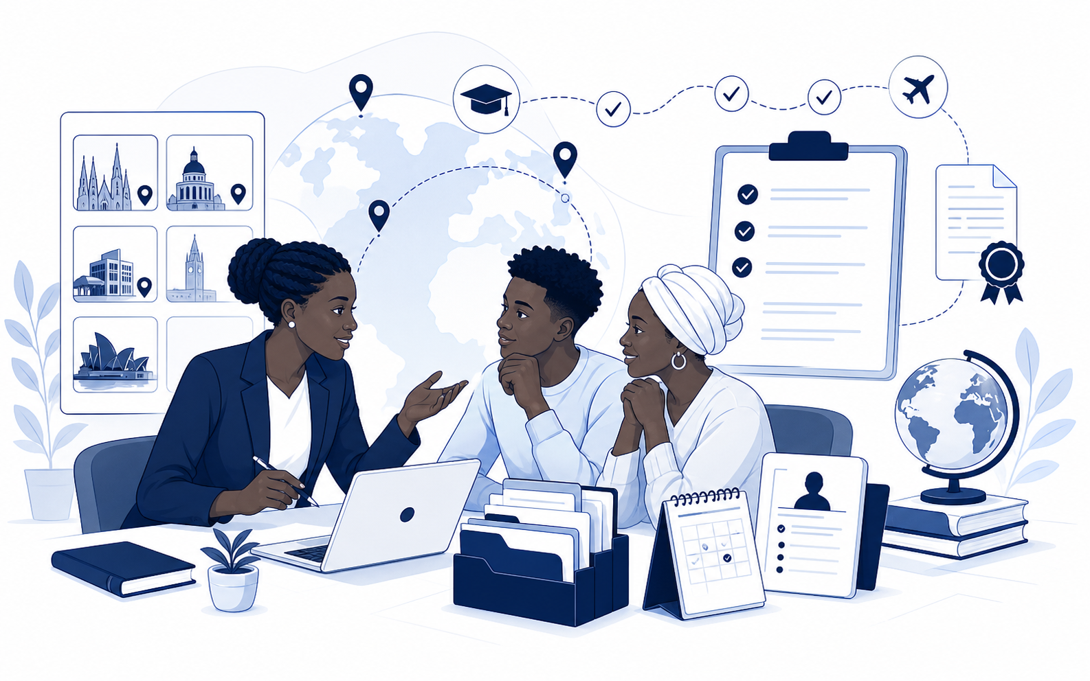 Illustration d'une famille accompagnée dans l'orientation et le suivi du dossier